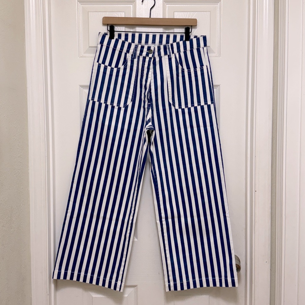 NWOT LOUP Simone Wide Crop Pants in Navy Striped - Picture 5 of 10